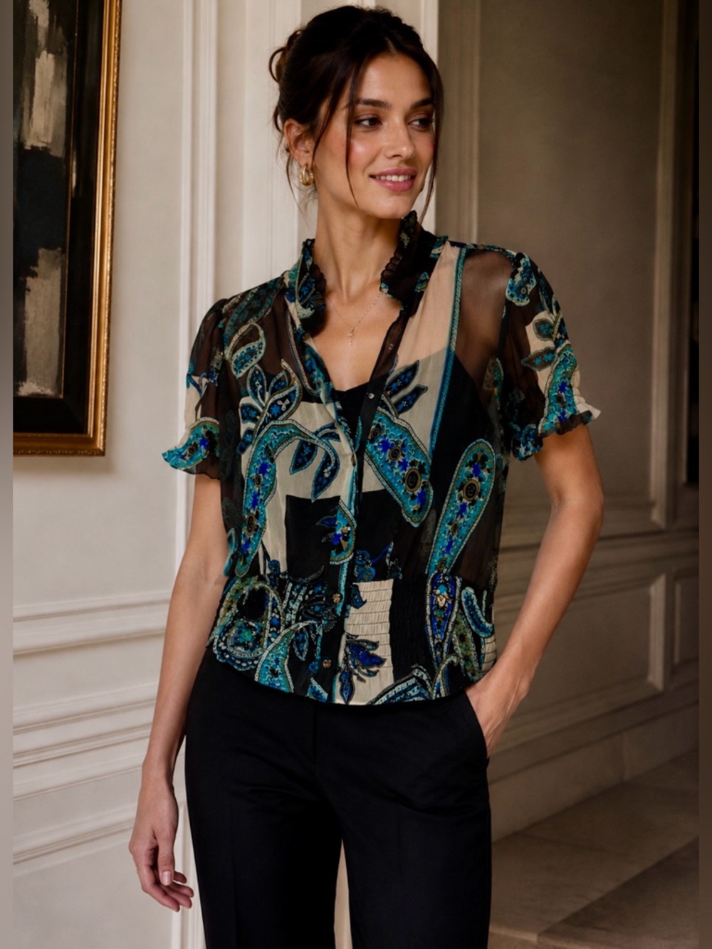 Vintage Y2K Dots Paisley Sheer Smocked Blouse Brown Teal 1X